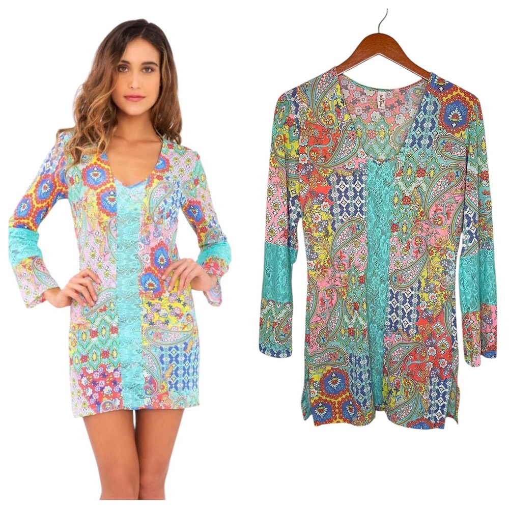 Luli Fama Siren Dance Lace Cutout Plunge V Neck Coverup Dress M